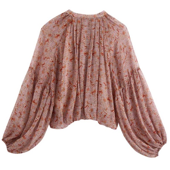 boho paisley print button up puff sleeve crop top - Picture 2 of 4
